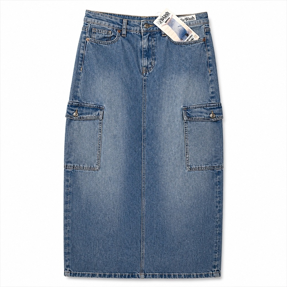 Denim Cargo Midi Maxi Skirt‎ High Rise Blue Utility Y2K Streetwear Size 27 NEW